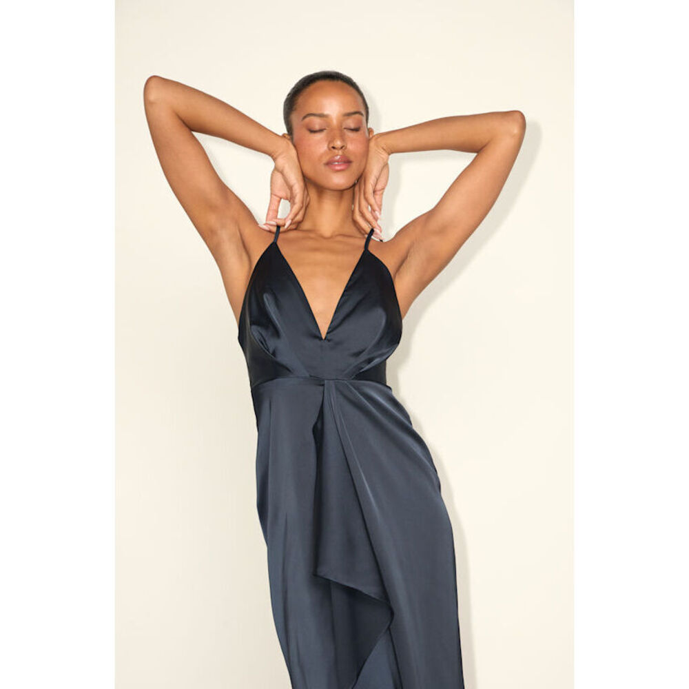 Lulus Caught Feelings Navy Blue Satin Ruffled Midi Dress - Size S